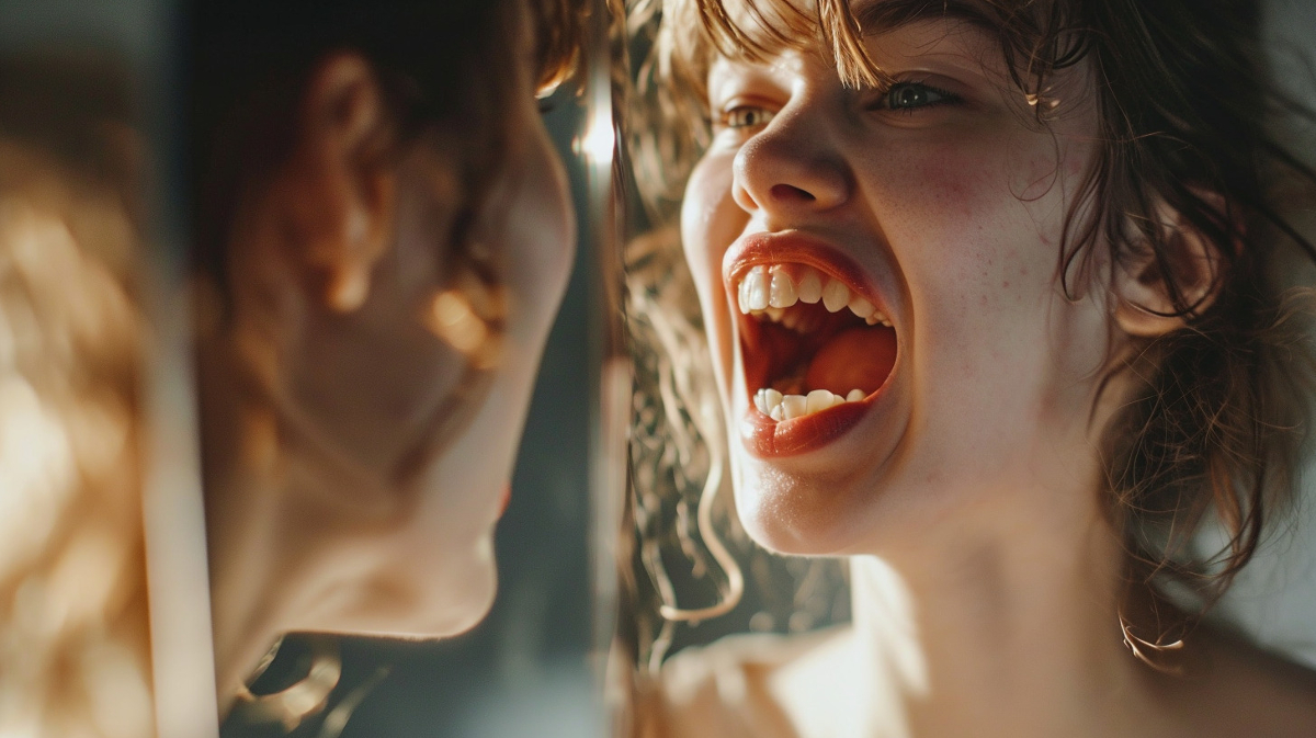 lady looking in mirror at too many teeth