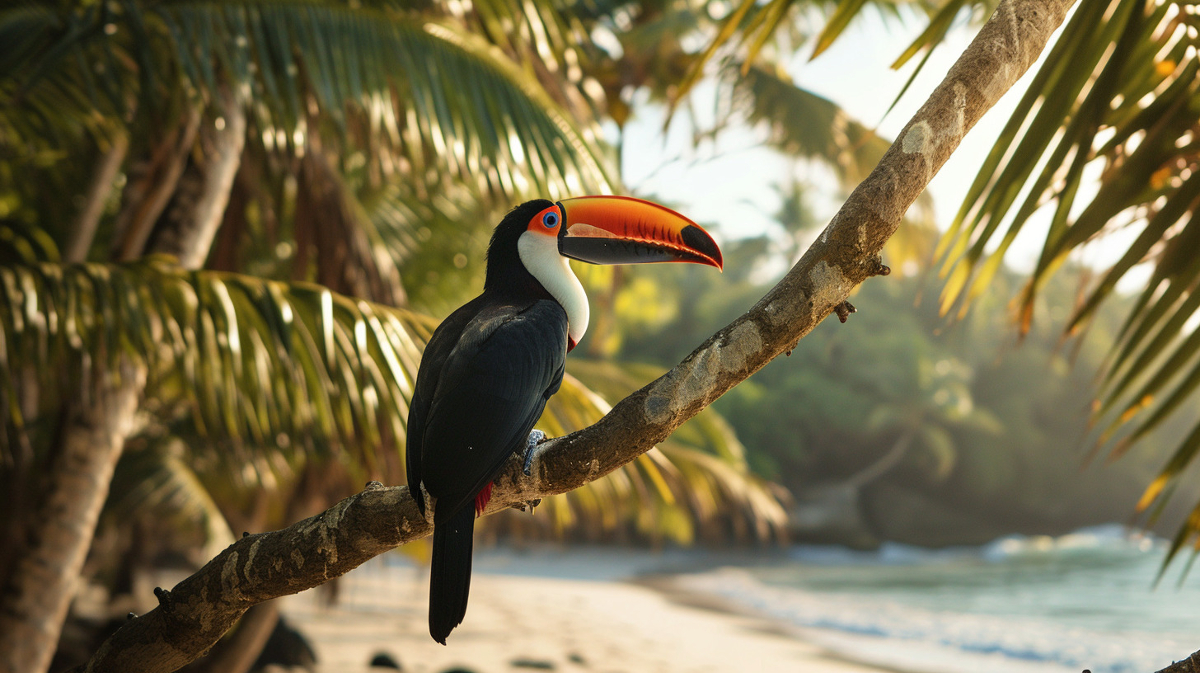 tropical bird relaxing by exotic beach