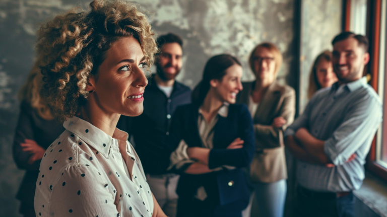 lady standing quietly while colleagues laugh at her