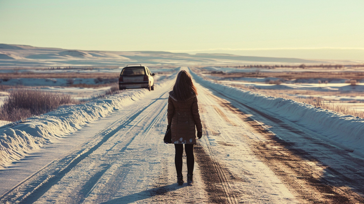 girl alone on highway with broken down car