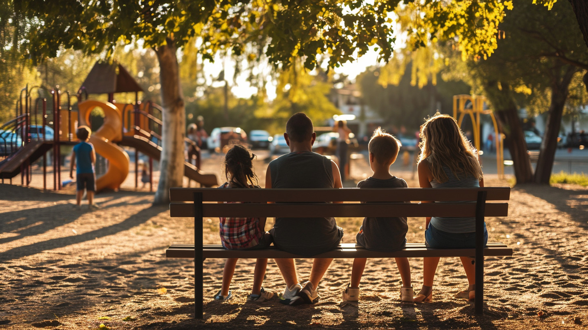 friends sitting on bench looking at playground