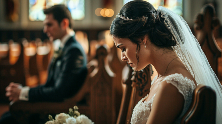 devastated bride and groom in chapel