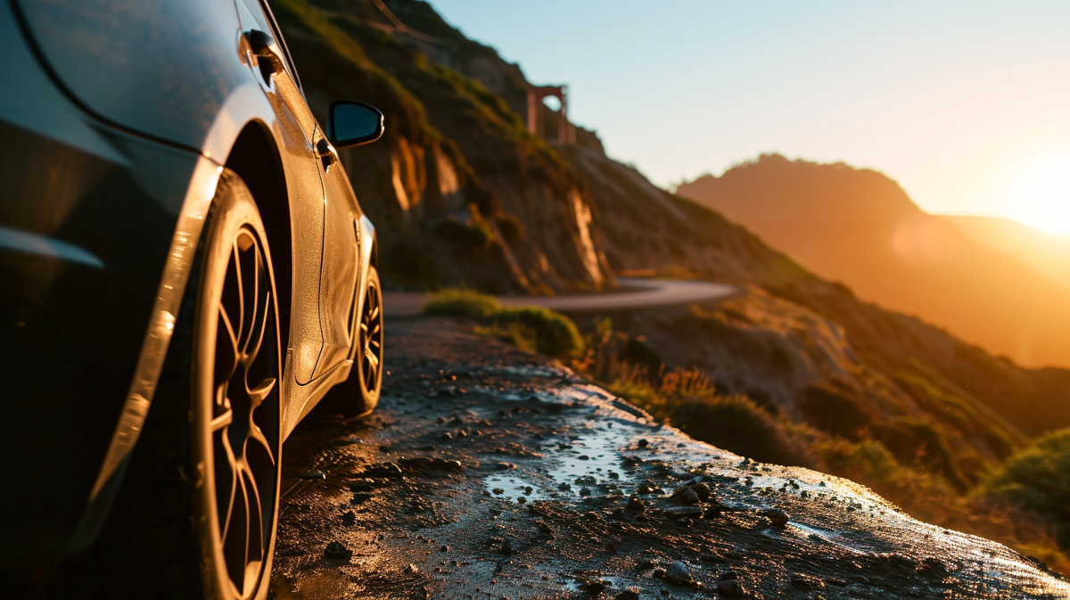 closeup of car driving over the edge of cliff