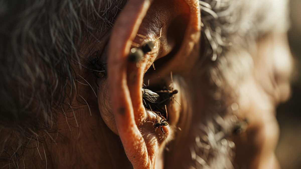 insects crawling out of man's ear