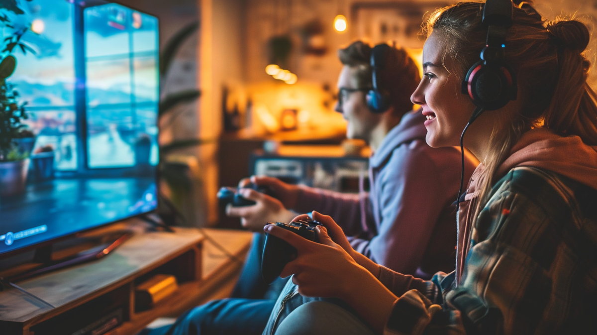 teenagers playing video games with TV