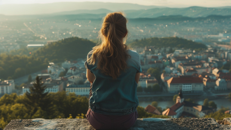 woman sitting overlooking town and pondering life