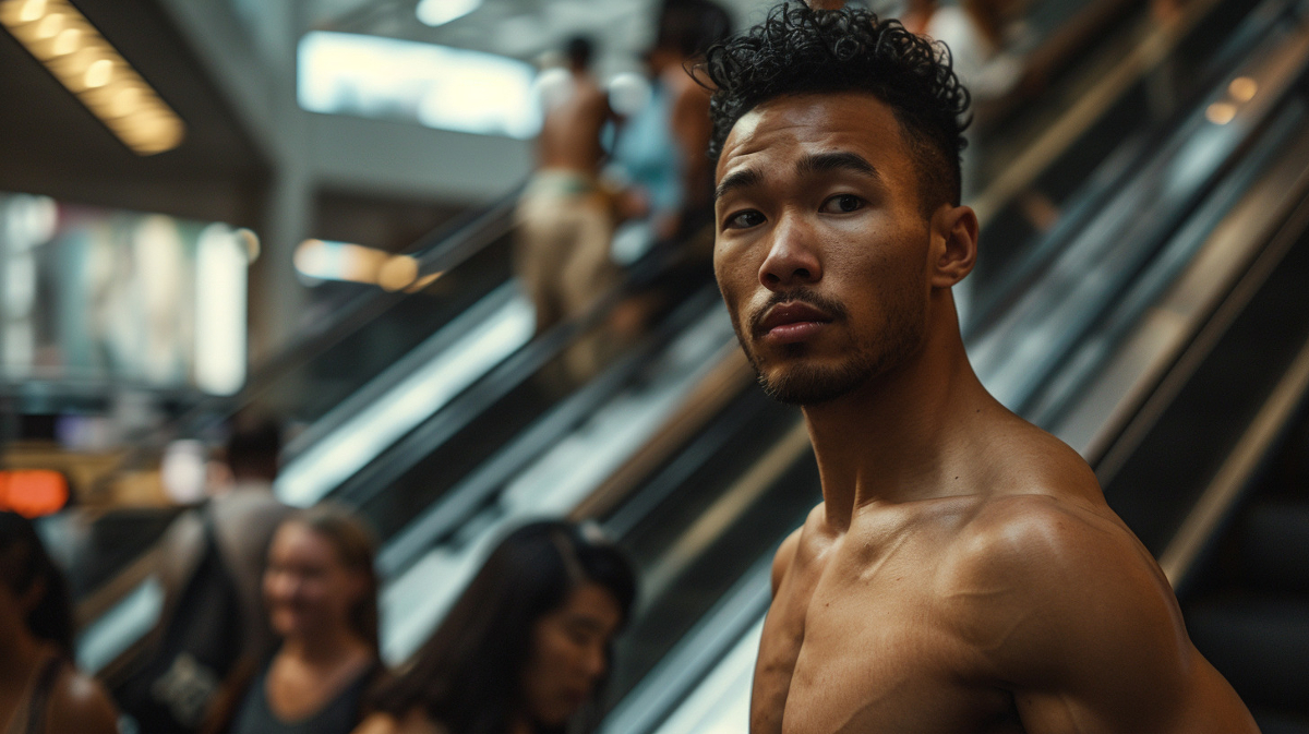 man standing near escalator shirtless and confused