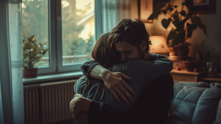 woman hugging man while crying in living room