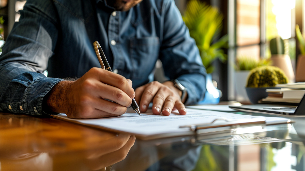 man sitting at desk signing some documents