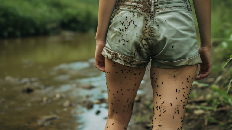 small black leeches all over woman's legs