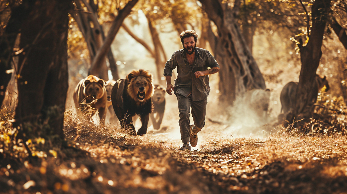 man running away from wild animals