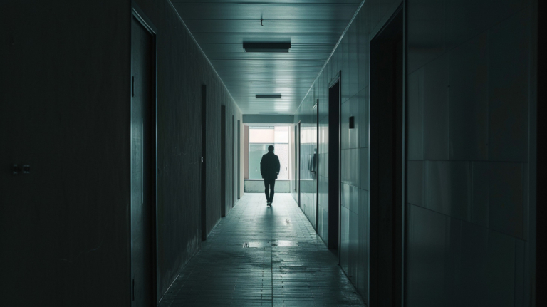 man wandering hallway trying to find exit