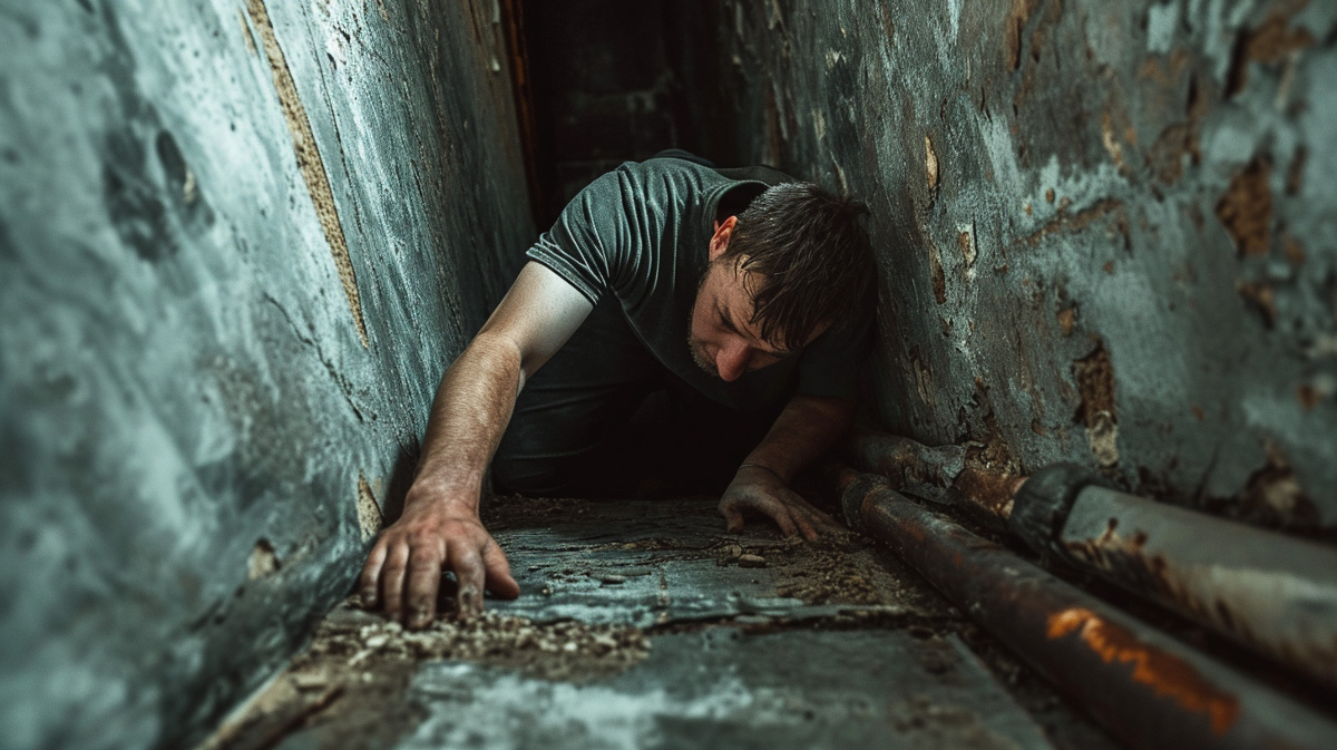 man squeezing through small crawl space