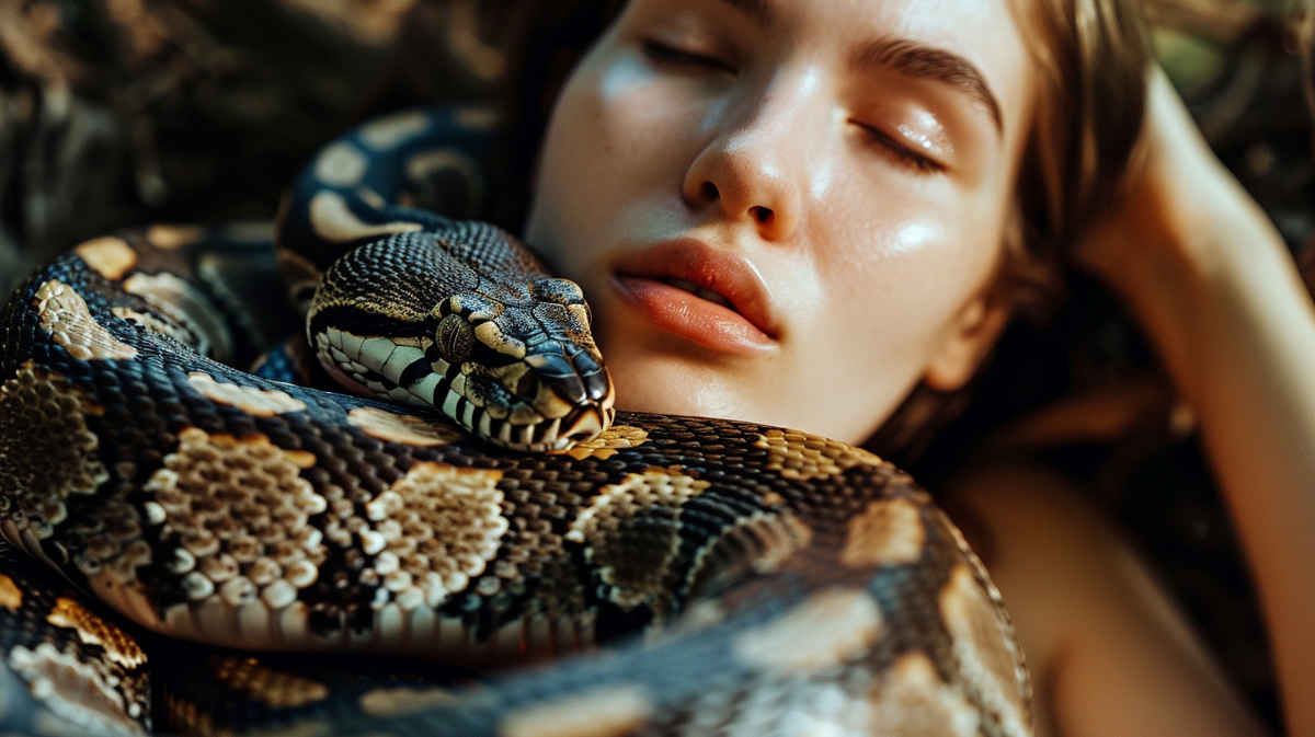 large snake wrapped around pretty woman