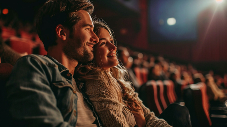 romantic couple in love in movie theater