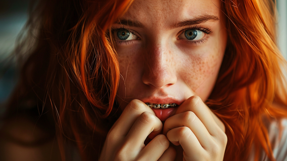 pretty girl with braces touching her mouth