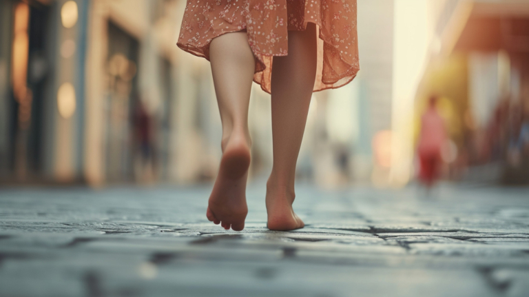 young lady walking around city without shoes