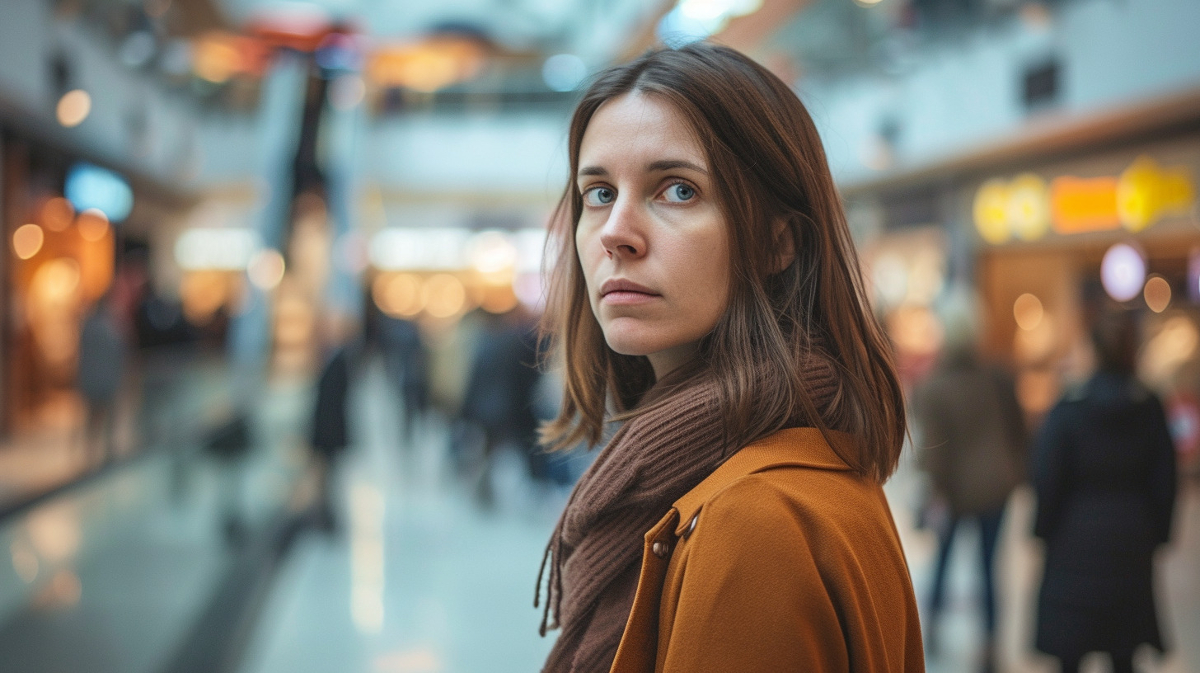 insecure woman feeling nervous in shopping mall