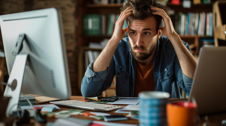 man staring in disbelief at his bank account website