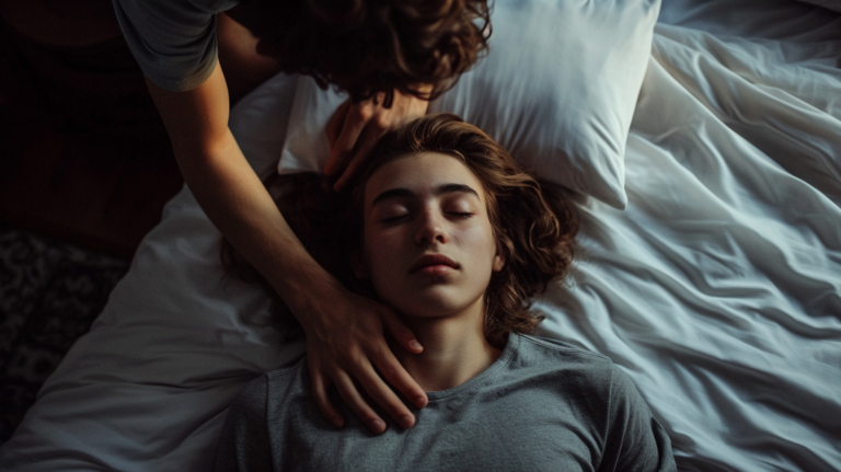 young man leaning over waking up his friend