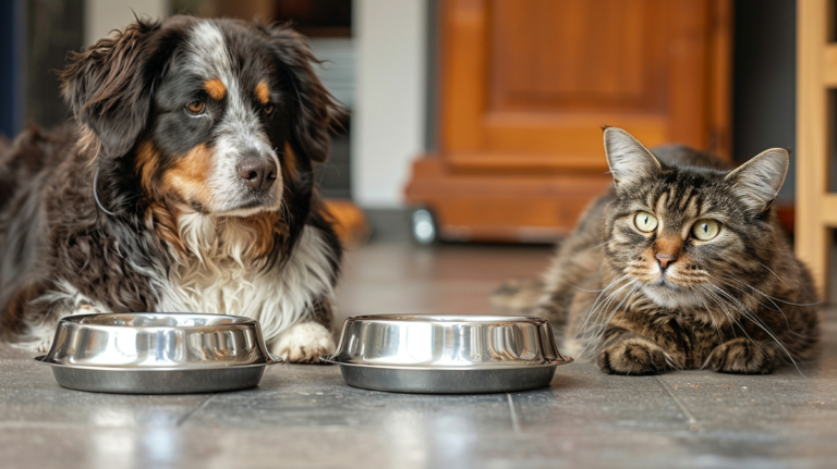 pets staring at their empty food bowls