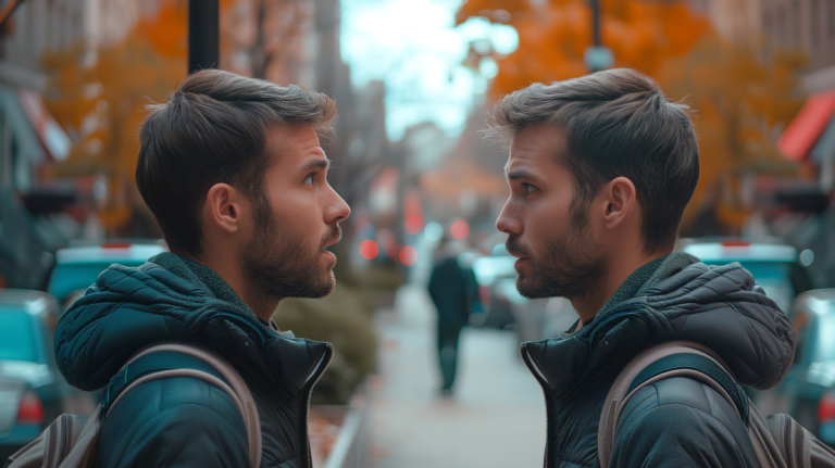 man staring at clone on the sidewalk