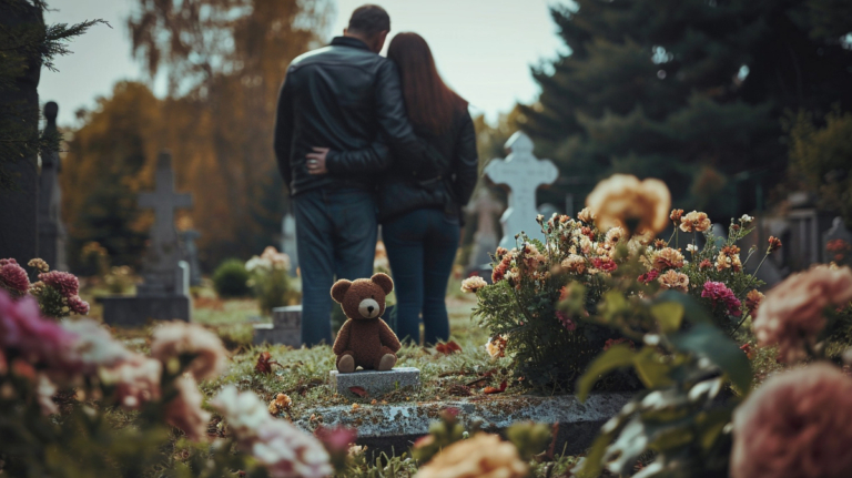 sad couple looking at their daughter's grave