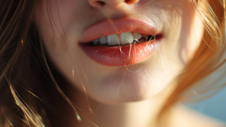 young woman with hair stuck in her teeth