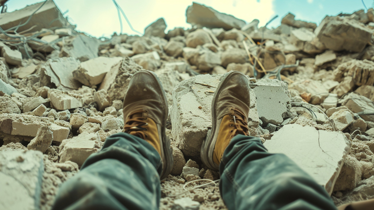 legs protruding from rubble after being crushed