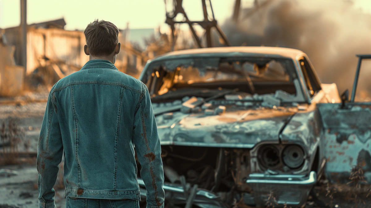 man staring at his classic car that was destroyed