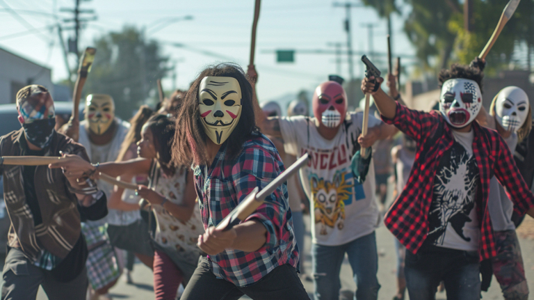 The Purge gang with weapons and wearing masks