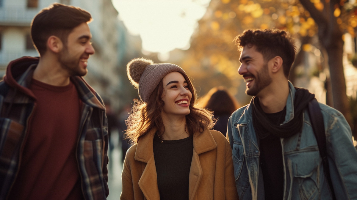 woman laughing and flirting with two men