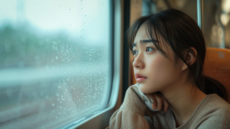 Asian women looking out train window feeling guilty