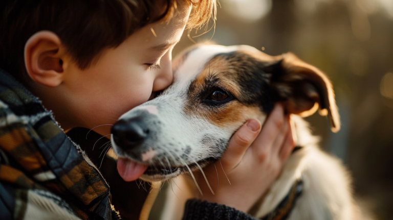 dog licking the face of boy and hugging