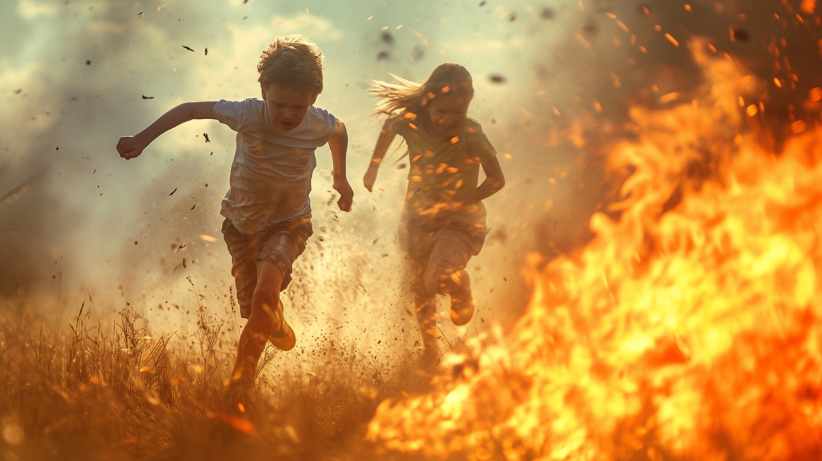 friends running to escape fiery danger