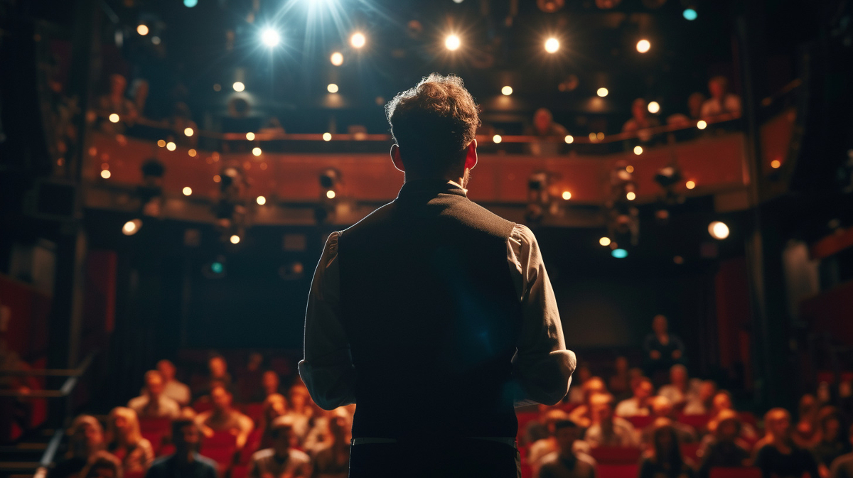 man staring awkwardly at crowd from theater stage