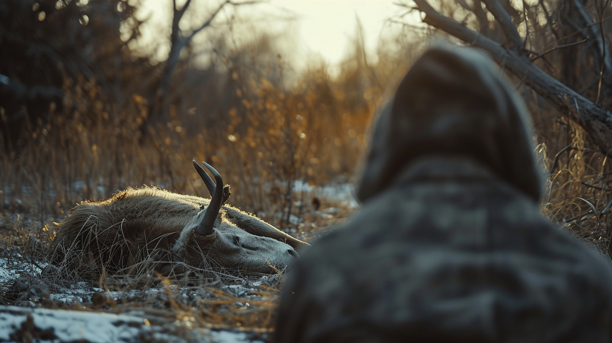 man looking at dead animal lying on ground