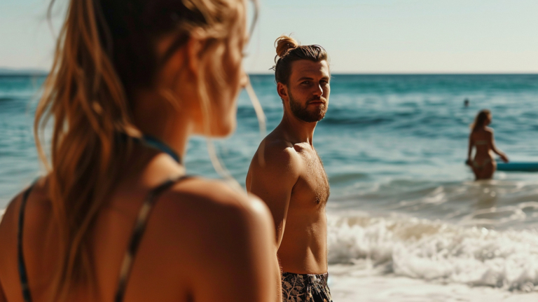 man staring at pretty lady at the beach