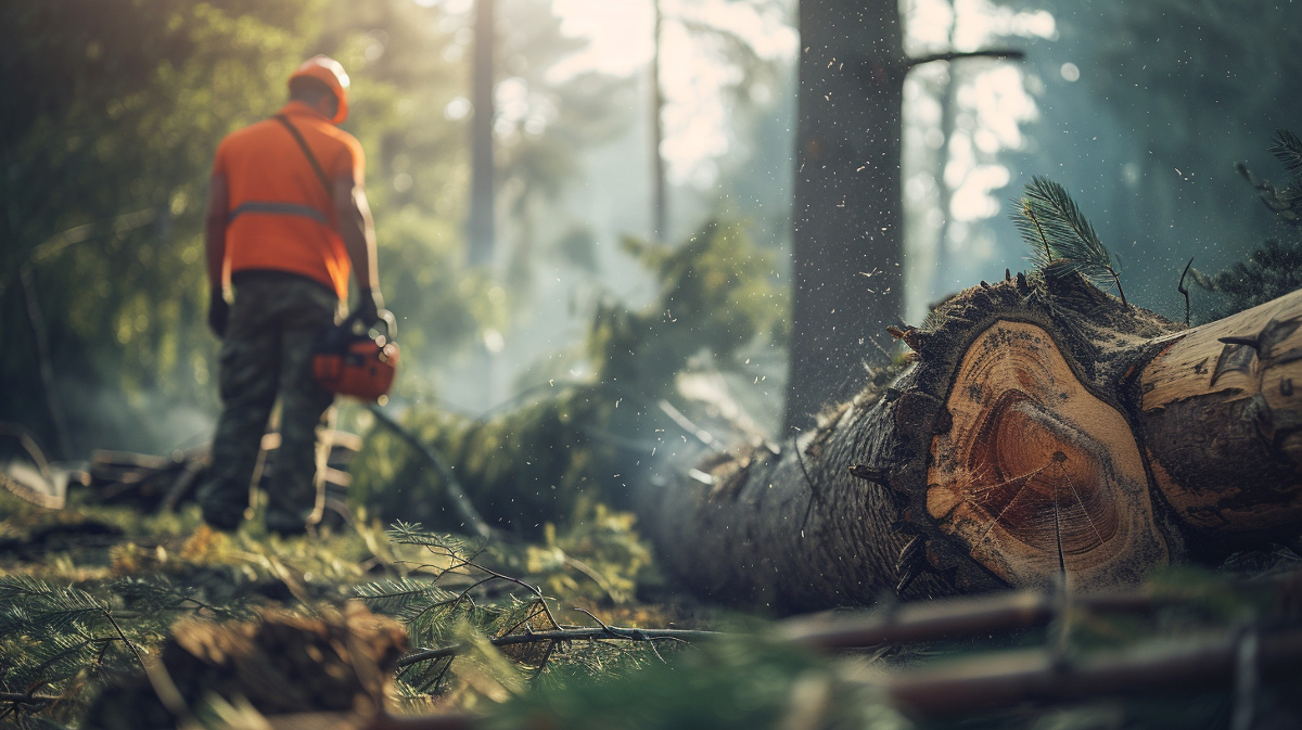 trees being cut down with man standing nearby