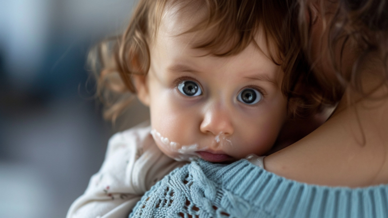 baby vomiting milk on woman's shoulder